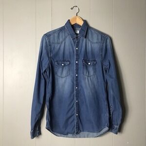 EXPRESS CHAMBRAY DENIM BUTTON DOWN WESTERN SHIRT PEARL SNAPS WOMENS SIZE SMALL